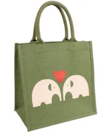Jute Shopping Bag, Green With Elephants
