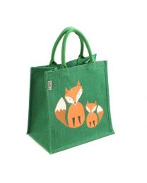 Jute Shopping Bag, Green With Foxes