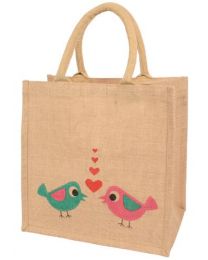 Jute Shopping Bag, Natural Coloured Love Birds